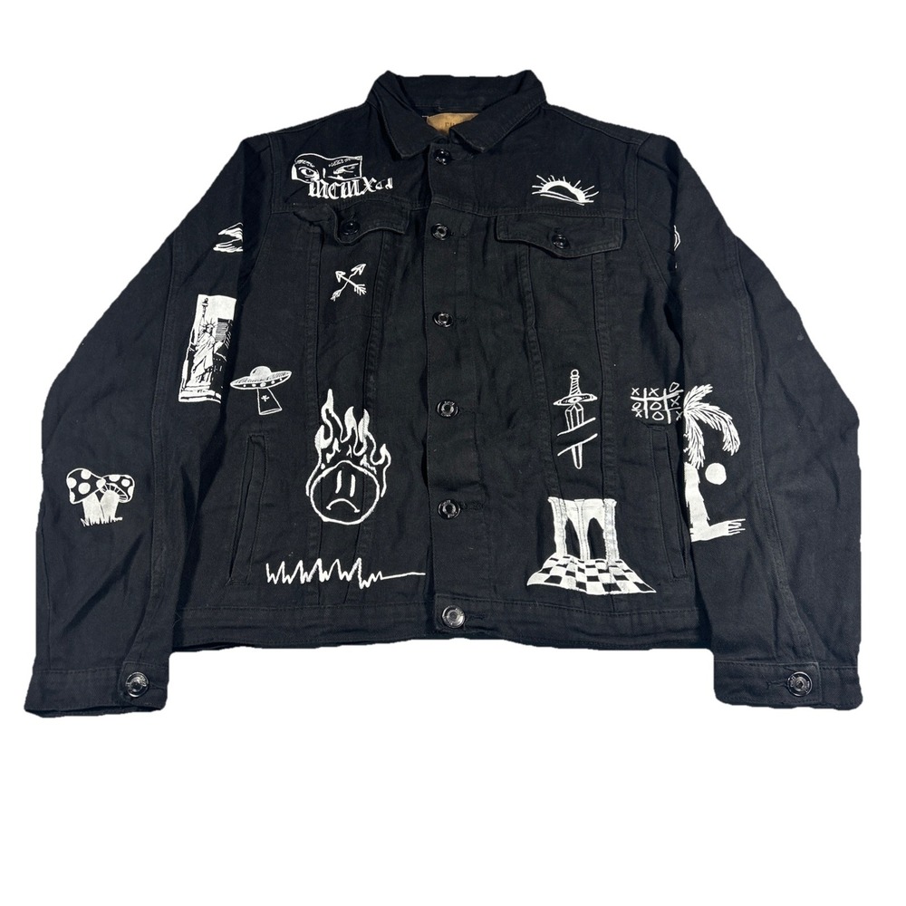 Rue 21 Black Trucker Jacket AOP Graphic Grunge Skater Punk Rocker Mens Medium